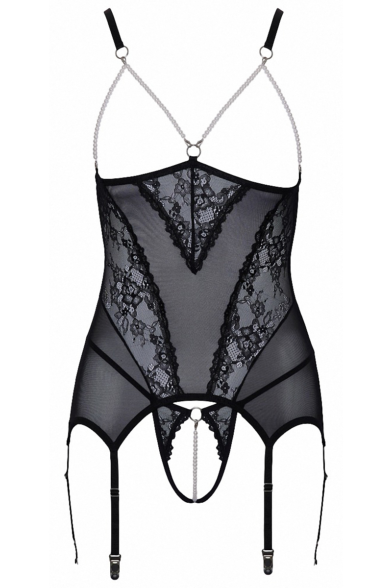 Guêpière seins nus et string ouvert résille et perles – Image 3