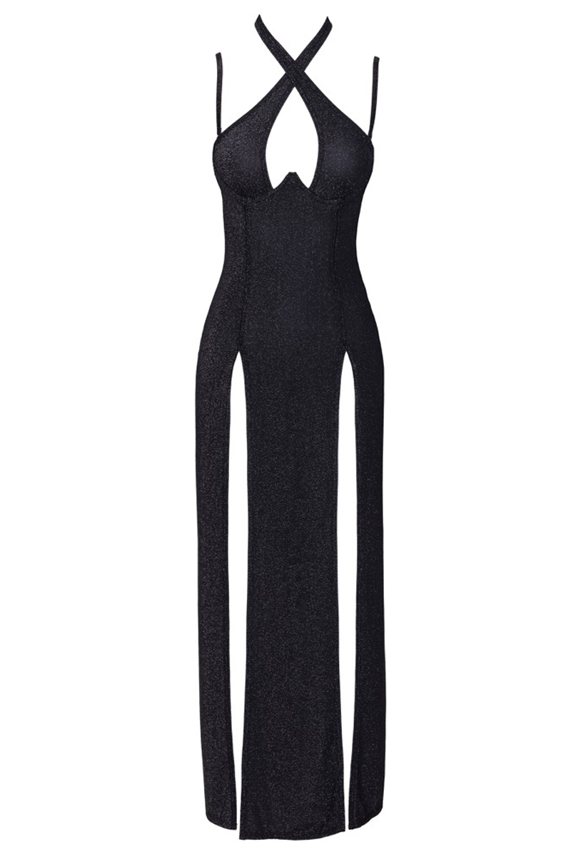 Robe longue à décolleté plongeant noire argentée – Image 3