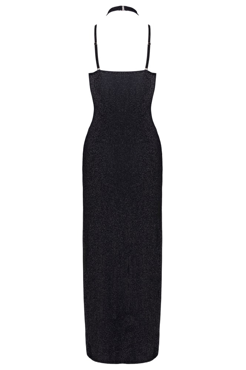 Robe longue à décolleté plongeant noire argentée – Image 4